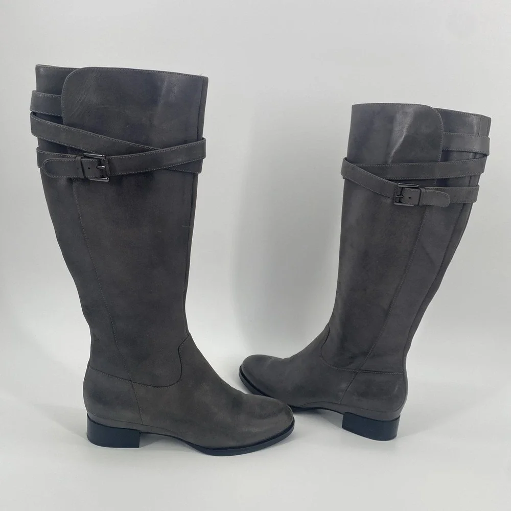 ECCO Sullivan Riding Boots Gray Leather Knee High Zip up Women's 38/ 7.5